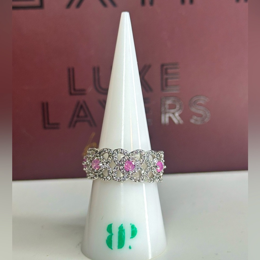 bp Silver Floral Ring with Pink Stones